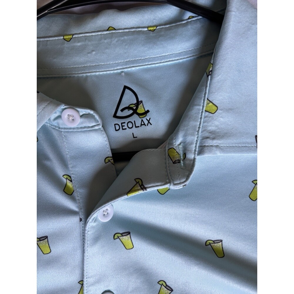 2 Deolax Polo Shirt Mens Large Cocktail Print Blue Golf Performance Stretch - Picture 5 of 16